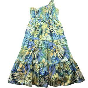 Tropical Maxi Dress One Shoulder Pockets Tiered Smocked Green Blue XXXL 22 C163